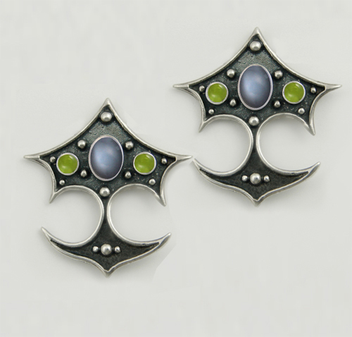 Sterling Silver Gothic Drop Dangle Earrings With Grey Moonstone And Peridot